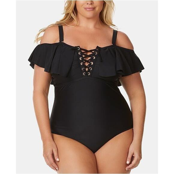 Raisins Curve Plus Size Swimsuit Womens 24W Black Off Shoulder Lace Up Rose Gold - Picture 10 of 13